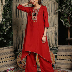 Gulmohar Jaipur Rayon Knee Length Solid 3/4 Sleeve Round Neck Asymmetrical Kurta Suit Set