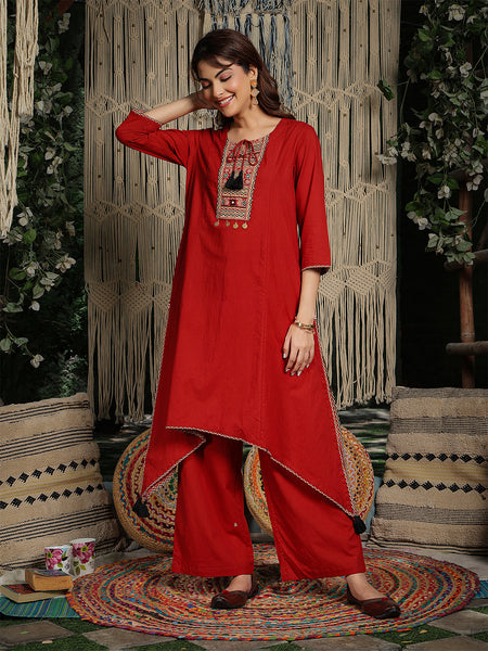Gulmohar Jaipur Rayon Knee Length Solid 3/4 Sleeve Round Neck Asymmetrical Kurta Suit Set
