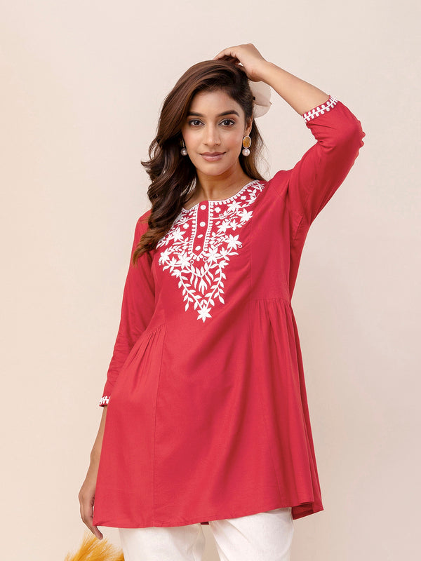 Coral Rayon Hip Length Solid Round Neck Solid Embroidered Straight Top