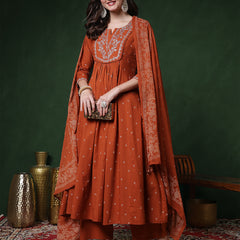 Cotton Calf Length Printed 3/4 Sleeves Round Neck Semi-Flared Kurta Suit Set