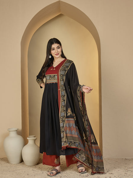 Gulmohar Jaipur Rayon Calf Length Solid 3/4 Sleeves V-Neck Flared Kurta Suit Set