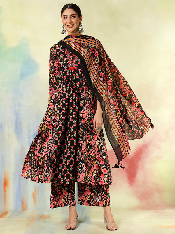 Black Pure Cotton Printed Embroidered Semi-Flared Kurta Suit Set