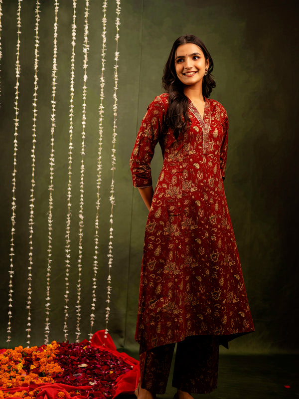 Maroon Cotton Calf Length Printed A-Line V-Neck Kurta Palazzo Set