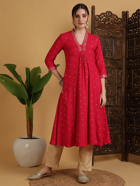 Coral Rayon Calf Length Solid Semi-Flared V-Neck Kurta