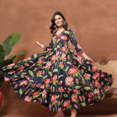 Cotton Ankle Length Printed 3/4 Sleeves V-Neck Flared Kurta