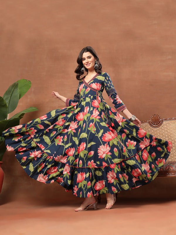 Cotton Ankle Length Printed 3/4 Sleeves V-Neck Flared Kurta