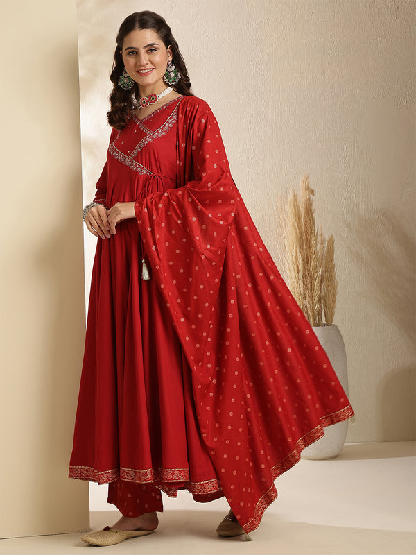 Maroon Rayon Solid 3/4 Sleeves V-Neck Anarkali Kurta Suit Set