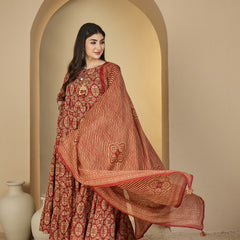 Gulmohar Jaipur Cotton Calf Length Printed 3/4 Sleeves Round Neck Anarkali Kurta Suit Set