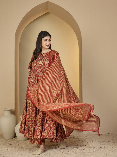 Gulmohar Jaipur Cotton Calf Length Printed 3/4 Sleeves Round Neck Anarkali Kurta Suit Set