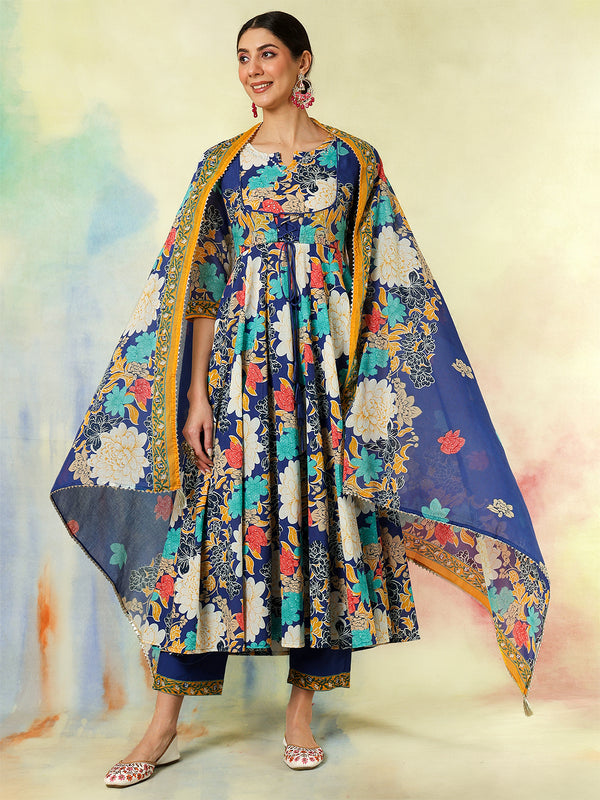 Blue Pure Cotton Printed Hand-Work Anarkali Kurta Suit Set