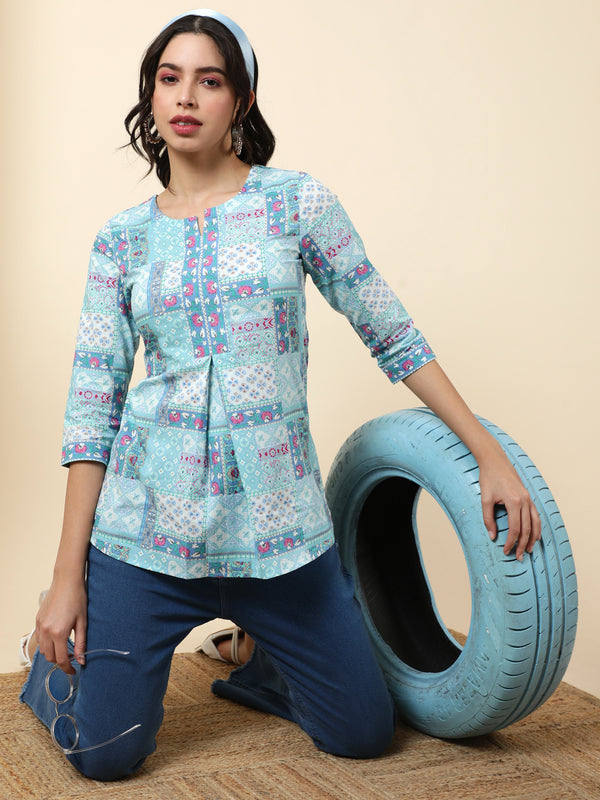 Cotton Short Length Length Printed Regular 3/4 Sleeves Round Top