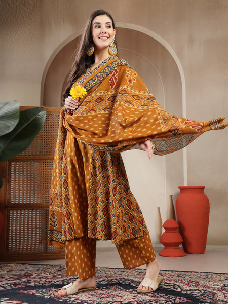 Gulmohar Jaipur Cotton Calf Length Printed 3/4 Sleeves V-Neck A-Line Kurta Suit Set