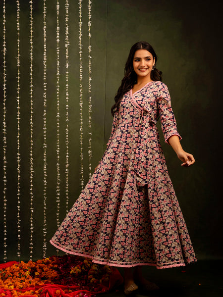 Navy Blue Cotton Calf Length Printed Flared Angrakha Kurta