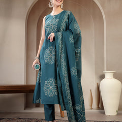 Gulmohar Jaipur Cotton Calf Length Printed Sleeveless Round Neck Straight Kurta Suit Set