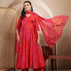 Gulmohar Jaipur Cotton Calf Length Printed 3/4 Sleeves V-Neck Flared Kurta Suit Set