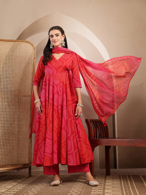 Gulmohar Jaipur Cotton Calf Length Printed 3/4 Sleeves V-Neck Flared Kurta Suit Set