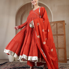 Gulmohar Jaipur Malmal Calf Length Solid Full Sleeves Anrakha Neck Anarkali Kurta Suit Set