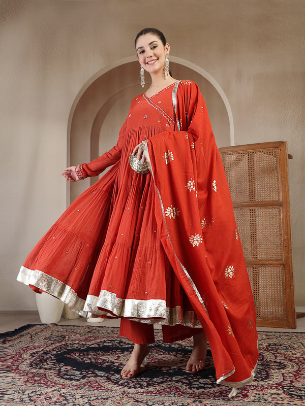 Gulmohar Jaipur Malmal Calf Length Solid Full Sleeves Anrakha Neck Anarkali Kurta Suit Set