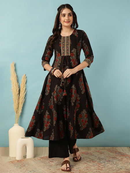 Cotton Calf Length Printed Semi-Flared 3/4 Sleeves Round Neck Kurta Bottom Set