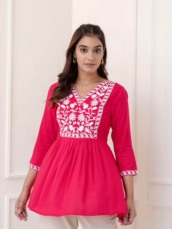 Pink Rayon Hip Length Solid V-Neck Solid Embroidered Semi-Flared Top