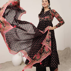 Malmal Calf Length Printed Full Sleeve Key Hole Neck Flared Kurta Suit Set