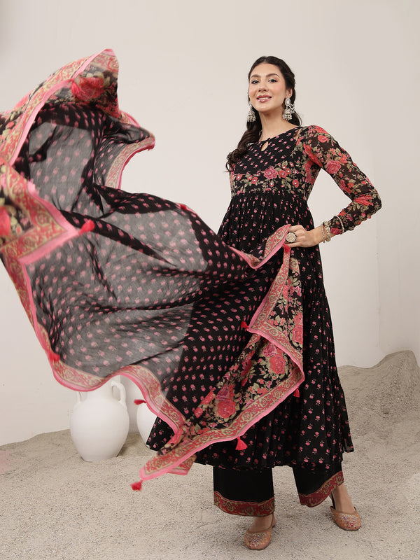 Malmal Calf Length Printed Full Sleeve Key Hole Neck Flared Kurta Suit Set