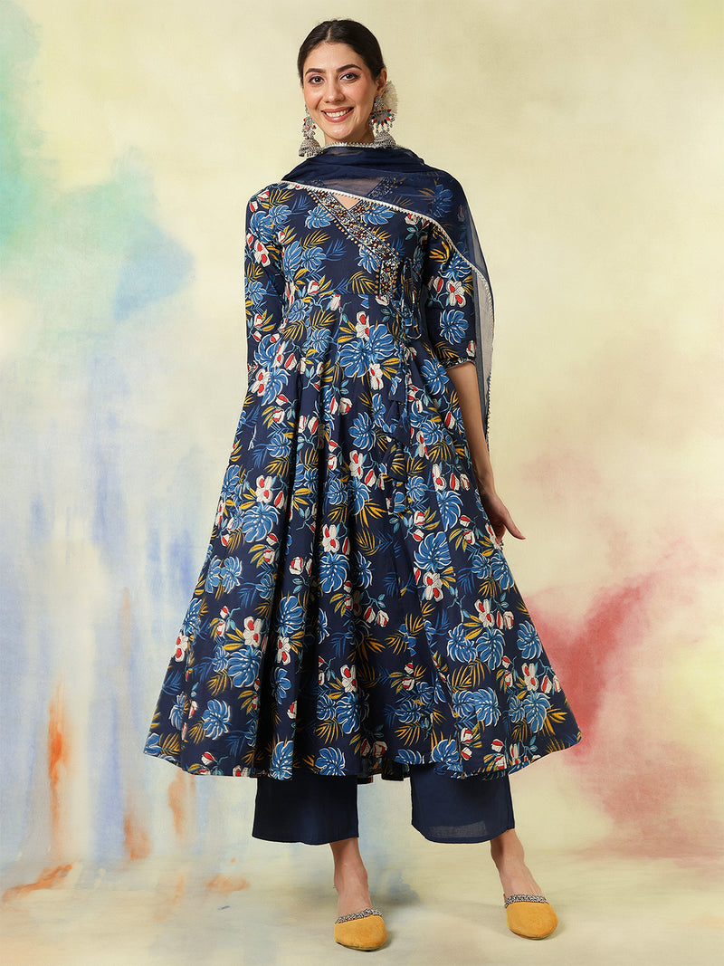 Black Pure Cotton Printed hand-Work Anarkali Kurta Suit Set