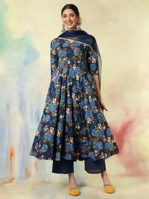 Black Pure Cotton Printed hand-Work Anarkali Kurta Suit Set