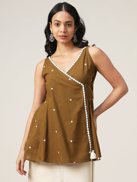 Cotton Hip Length Solid Sleeveless V-Neck Flared Top