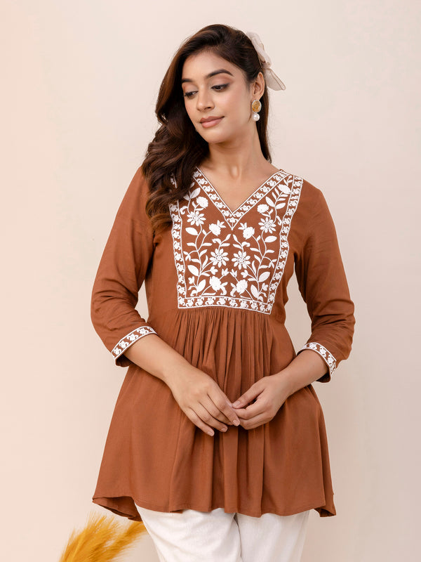 Brown Rayon Hip Length Solid V-Neck Solid Embroidered Semi-Flared Top