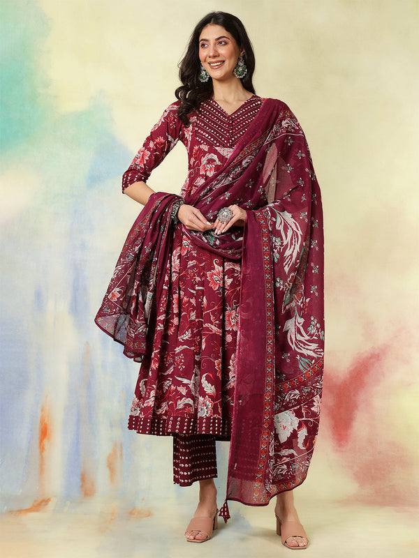 Maroon Pure Cotton Printed Hand-Work Anarkali Kurta Suit Set