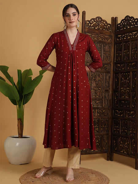 Maroon Rayon Calf Length Solid Semi-Flared V-Neck Kurta