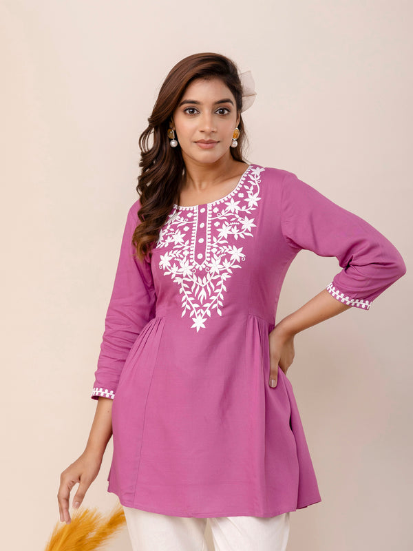 Lavender Rayon Hip Length Solid Round Neck Solid Embroidered Straight Top