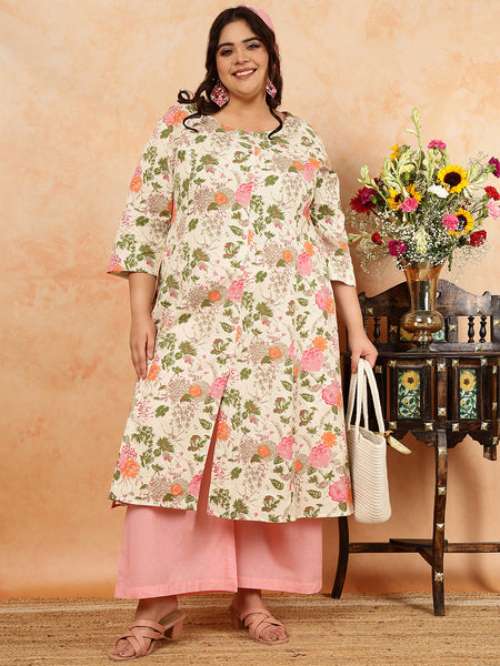 Cotton Flex  Calf Length Printed A-Line 3/4 Sleeves Round Kurta (Plus+)