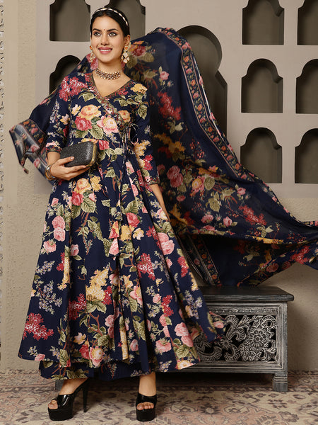 Navy Cotton Calf Length Printed V-Neck Anarkali Kurta Suit Set