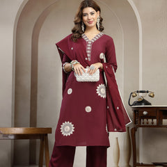 Cotton Calf Length Solid 3/4 Sleeve V-Neck Straight Kurta Suit Set