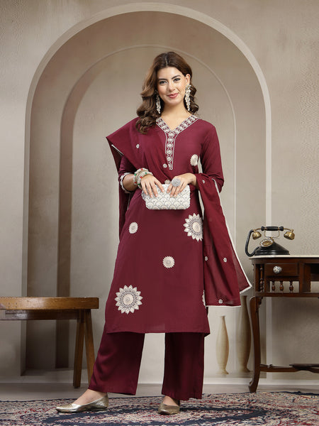 Cotton Calf Length Solid 3/4 Sleeve V-Neck Straight Kurta Suit Set