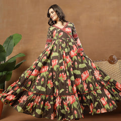 Cotton Ankle Length Printed 3/4 Sleeves V-Neck Flared Kurta