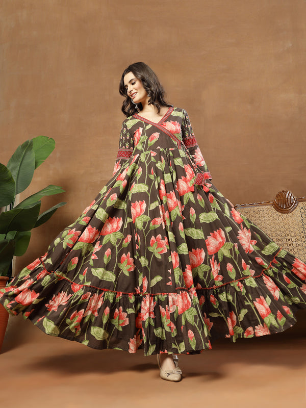 Cotton Ankle Length Printed 3/4 Sleeves V-Neck Flared Kurta