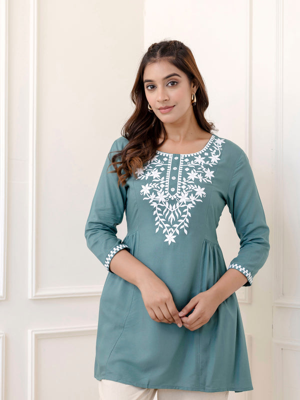 Skyblue Rayon Hip Length Solid Round Neck Solid Embroidered Straight Top