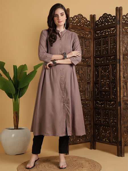 Light Brown Rayon Calf Length Solid A-Line Mandarin Neck Kurta