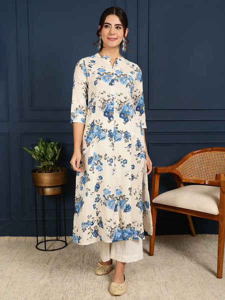 Blue Cotton Flex Calf Length Printed Mandarin  A-Line Coller Kurta