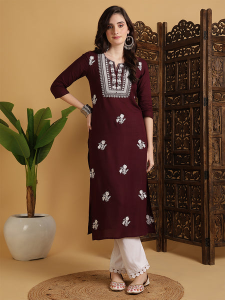 Wine Rayon Embroidered Calf Length Solid Straight Round Neck Kurta