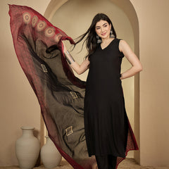 Gulmohar Jaipur Rayon Calf Length Solid Sleeveless V-Neck Straight Kurta Suit Set