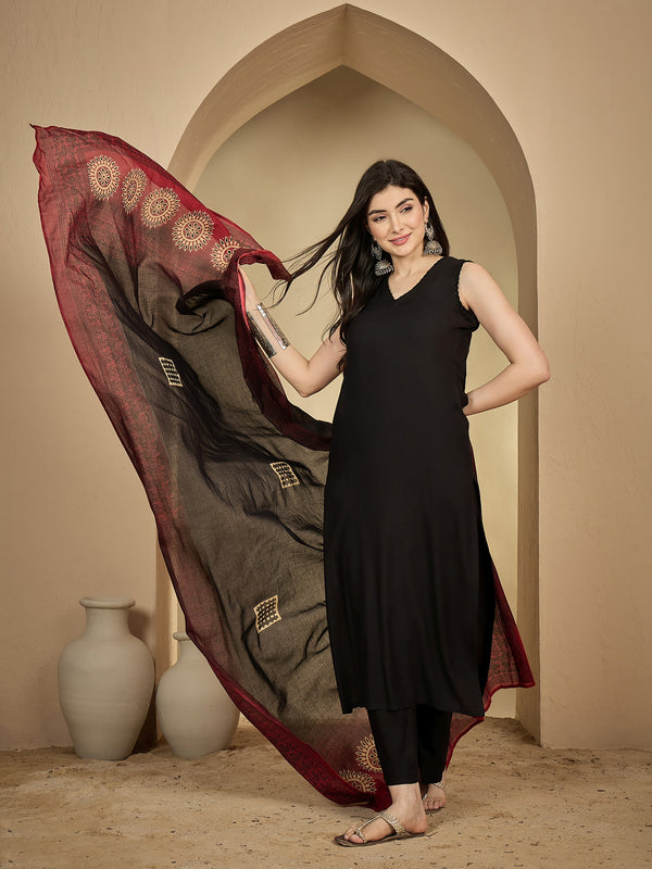 Gulmohar Jaipur Rayon Calf Length Solid Sleeveless V-Neck Straight Kurta Suit Set