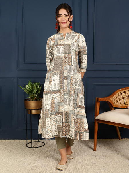Cotton Flex Calf Length Printed Mandarin Coller A-Line Kurta