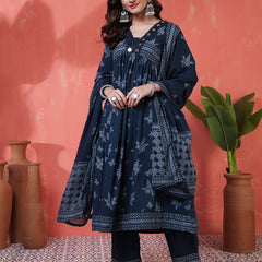 Navy Rayon Calf Length Printed 3/4 Sleeves V-Neck Semi-Flared Kurta Suit Set