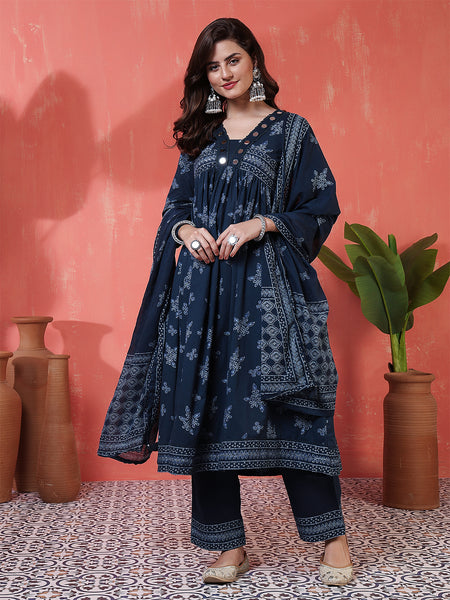 Navy Rayon Calf Length Printed 3/4 Sleeves V-Neck Semi-Flared Kurta Suit Set