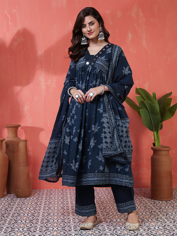 Navy Rayon Calf Length Printed 3/4 Sleeves V-Neck Semi-Flared Kurta Suit Set