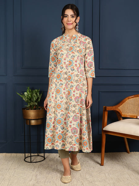 Blue Cotton Flex Calf Length Printed Mandarin Coller A-Line Kurta